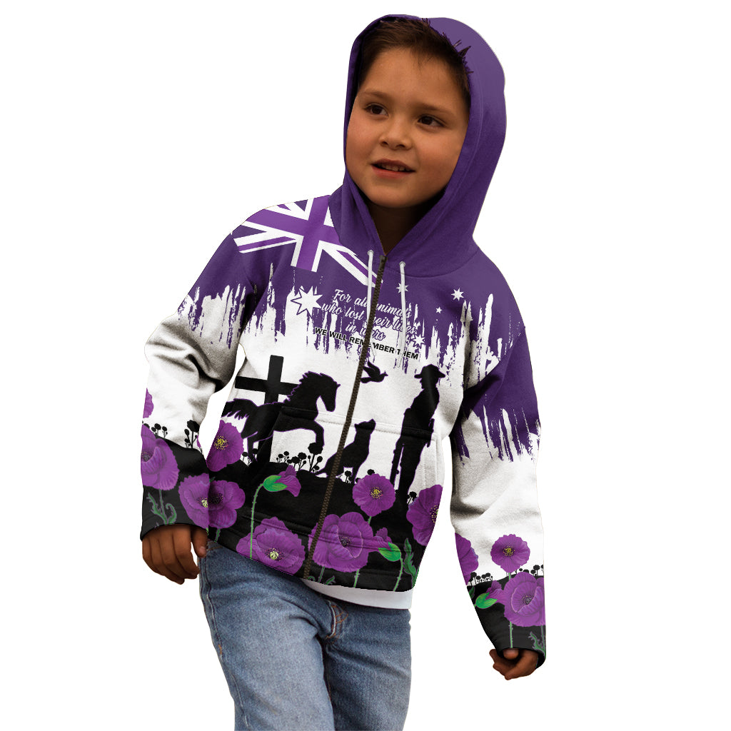 Australia Animal Heroes ANZAC Kid Hoodie Purple Poppy We Will Remember Them