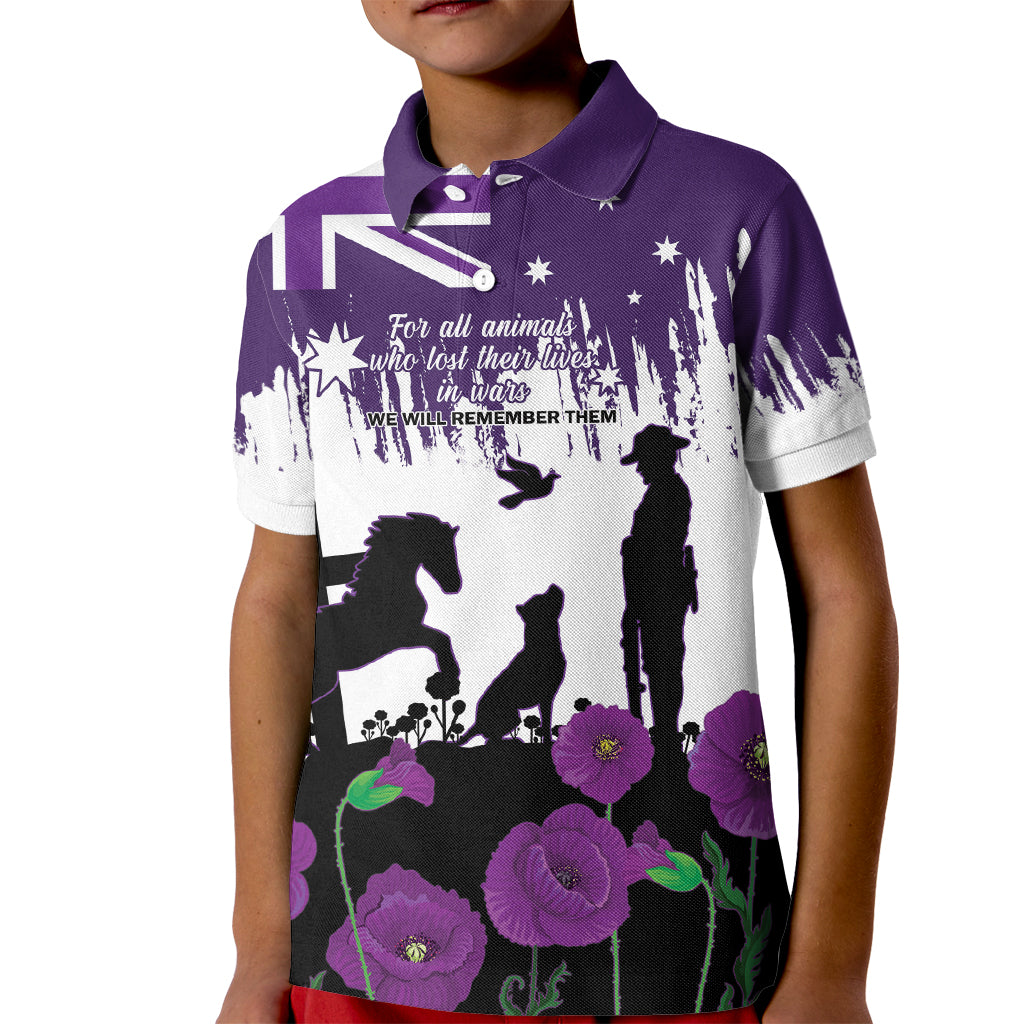 Australia Animal Heroes ANZAC Kid Polo Shirt Purple Poppy We Will Remember Them