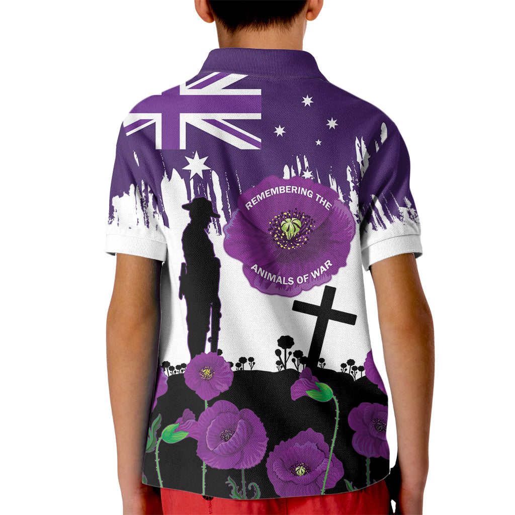 Australia Animal Heroes ANZAC Kid Polo Shirt Purple Poppy We Will Remember Them