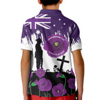 Australia Animal Heroes ANZAC Kid Polo Shirt Purple Poppy We Will Remember Them