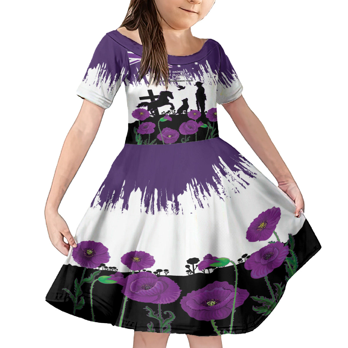 Australia Animal Heroes ANZAC Kid Short Sleeve Dress Purple Poppy We Will Remember Them