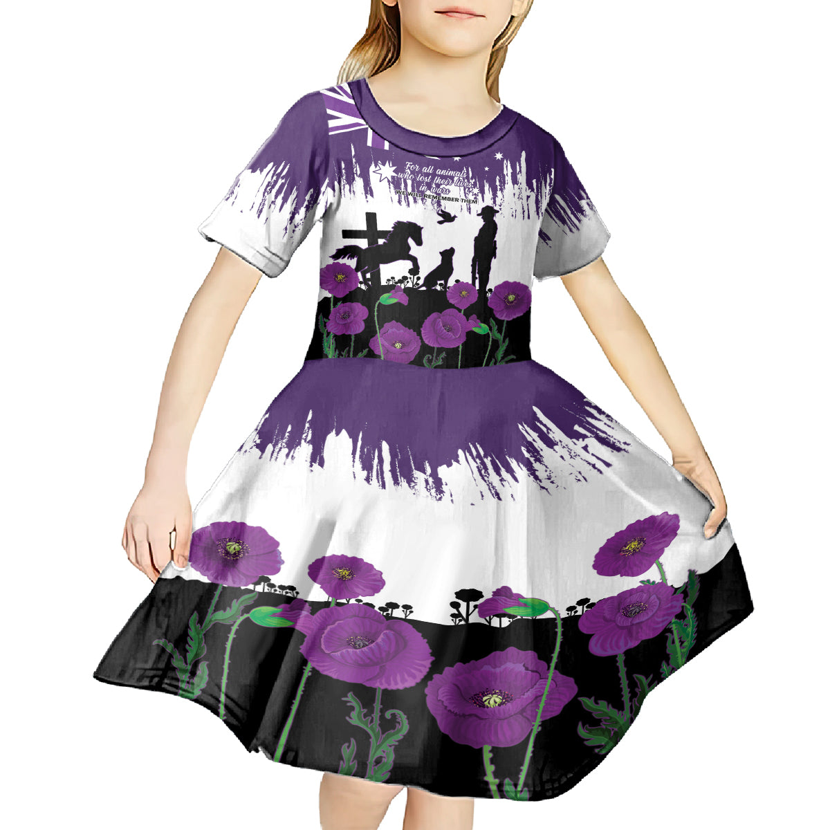 Australia Animal Heroes ANZAC Kid Short Sleeve Dress Purple Poppy We Will Remember Them