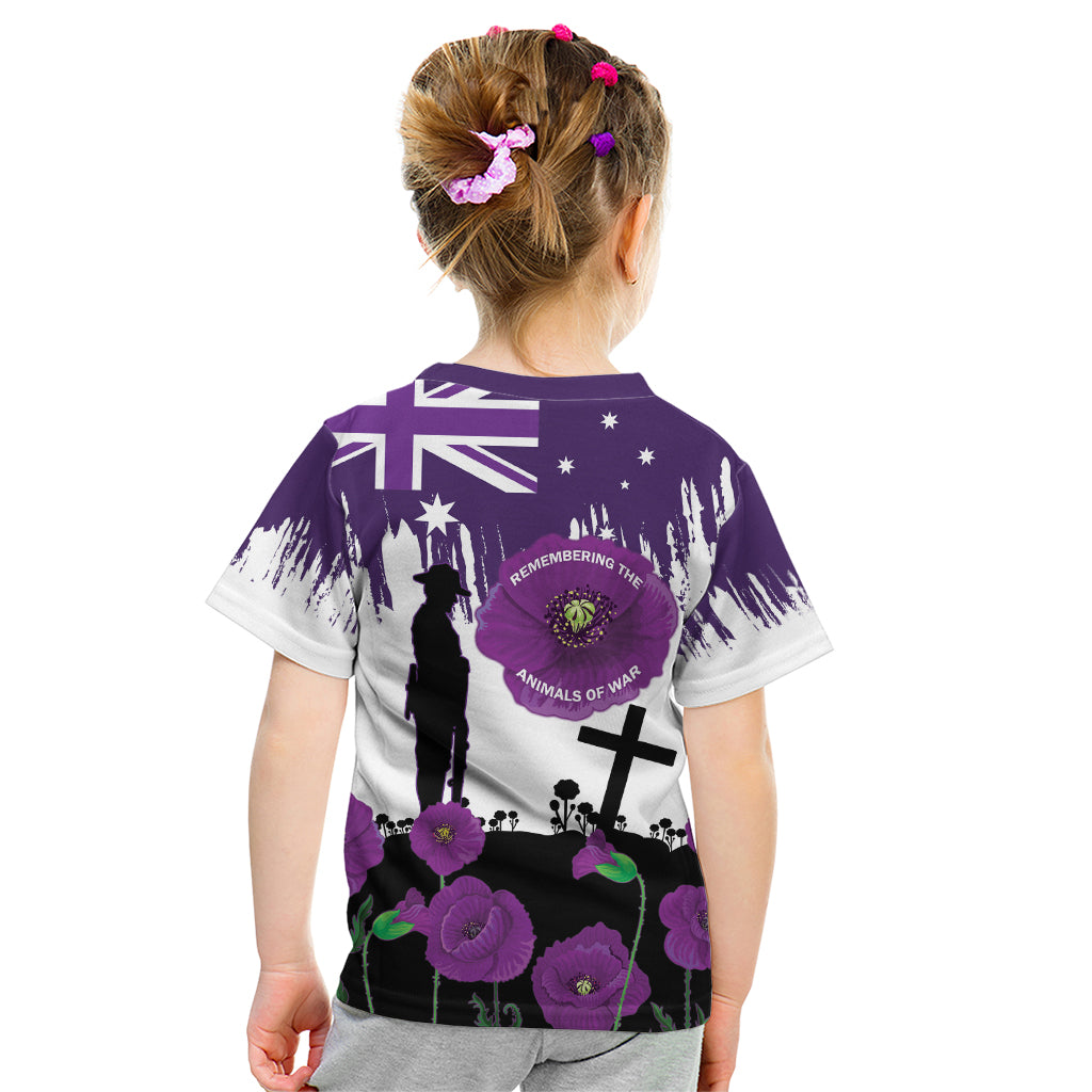 Australia Animal Heroes ANZAC Kid T Shirt Purple Poppy We Will Remember Them