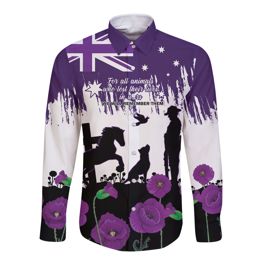 Australia Animal Heroes ANZAC Long Sleeve Button Shirt Purple Poppy We Will Remember Them