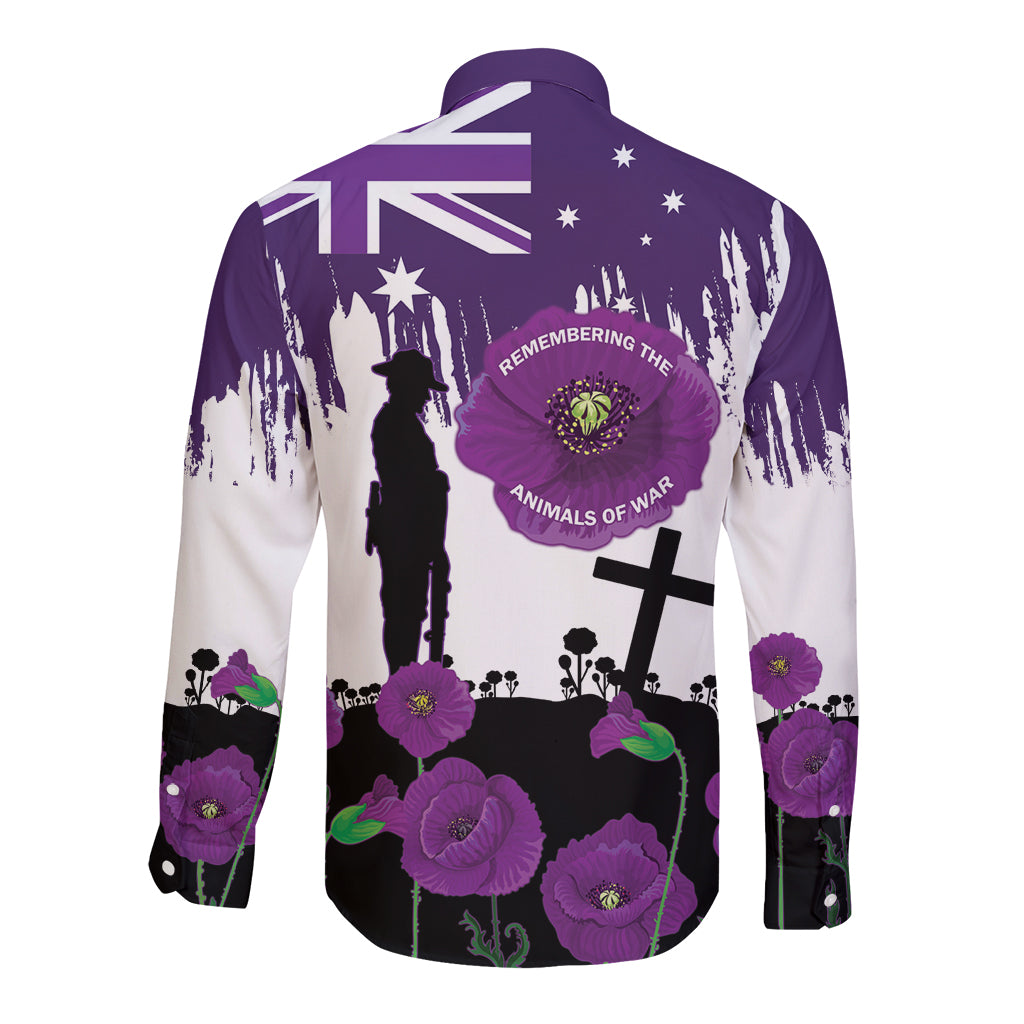Australia Animal Heroes ANZAC Long Sleeve Button Shirt Purple Poppy We Will Remember Them