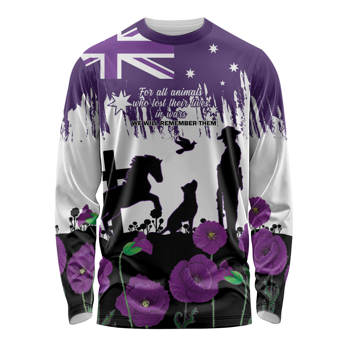Australia Animal Heroes ANZAC Long Sleeve Shirt Purple Poppy We Will Remember Them