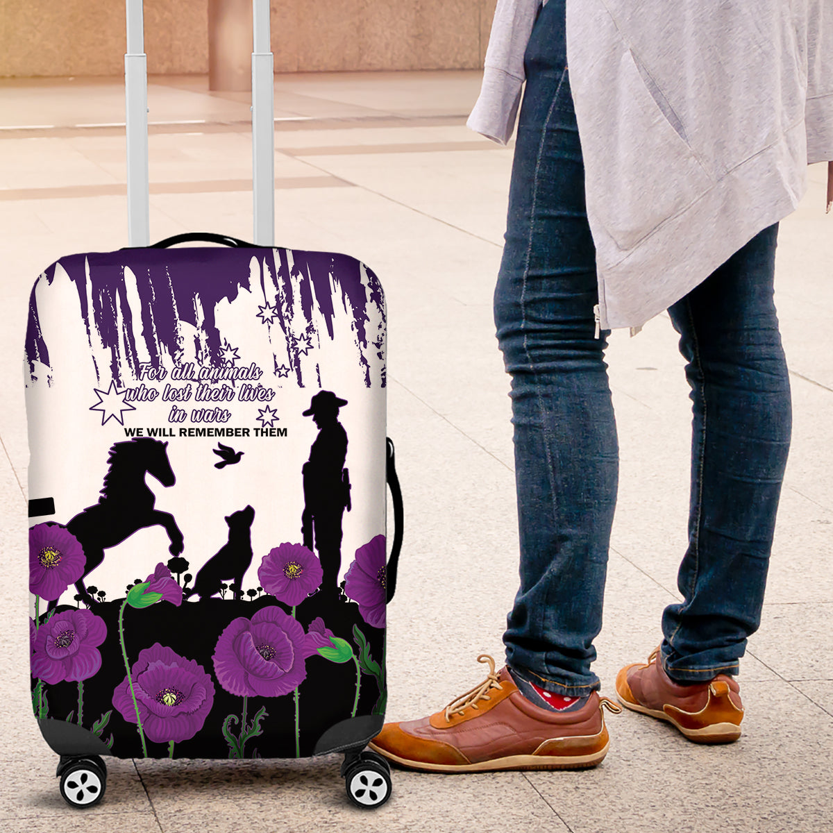 Australia Animal Heroes ANZAC Luggage Cover Purple Poppy We Will Remember Them