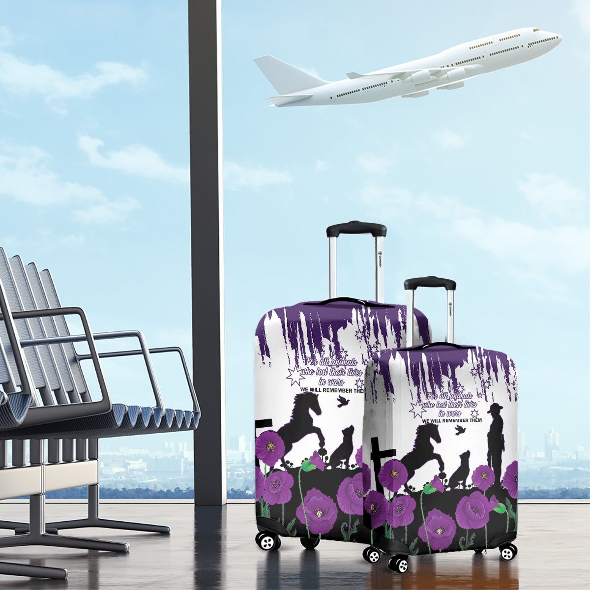 Australia Animal Heroes ANZAC Luggage Cover Purple Poppy We Will Remember Them