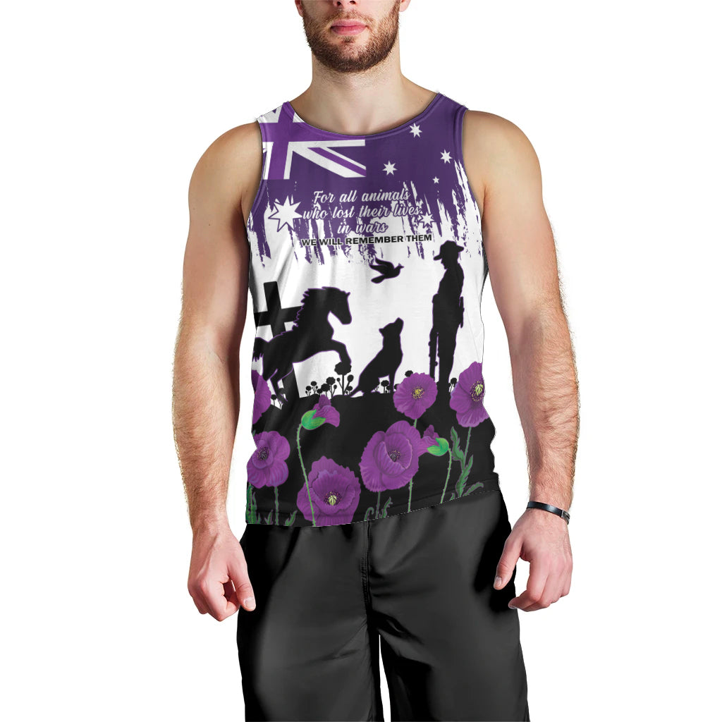Australia Animal Heroes ANZAC Men Tank Top Purple Poppy We Will Remember Them