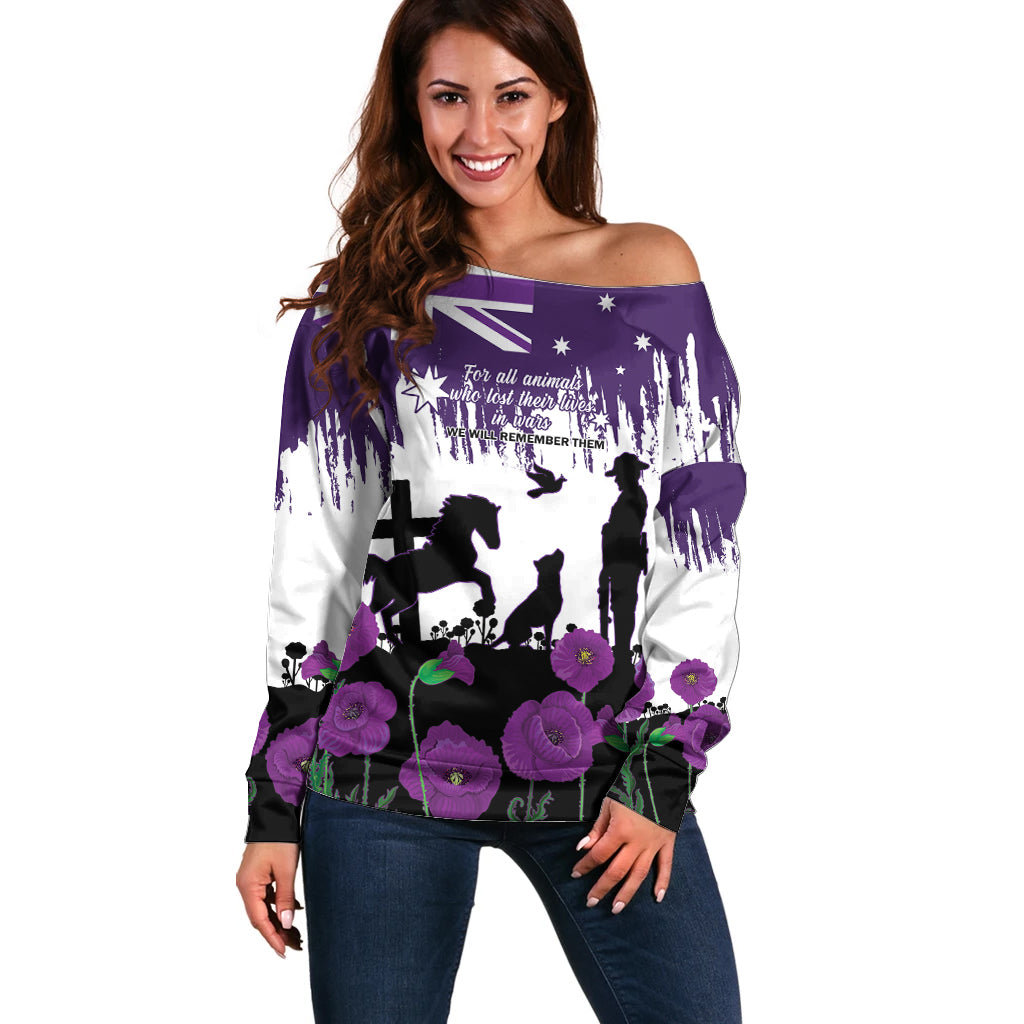 Australia Animal Heroes ANZAC Off Shoulder Sweater Purple Poppy We Will Remember Them