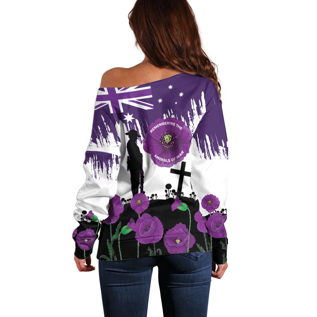 Australia Animal Heroes ANZAC Off Shoulder Sweater Purple Poppy We Will Remember Them
