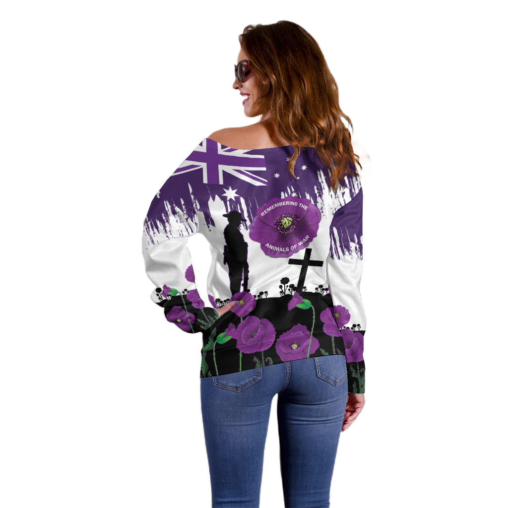 Australia Animal Heroes ANZAC Off Shoulder Sweater Purple Poppy We Will Remember Them