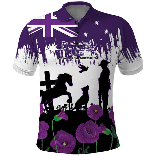 Australia Animal Heroes ANZAC Polo Shirt Purple Poppy We Will Remember Them