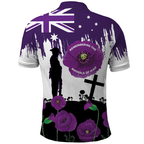 Australia Animal Heroes ANZAC Polo Shirt Purple Poppy We Will Remember Them