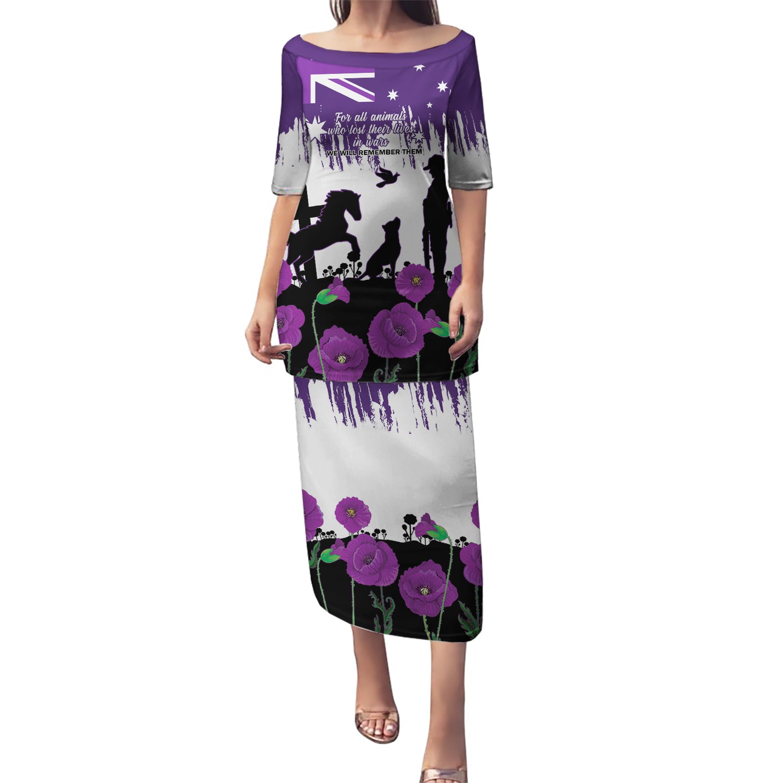 Australia Animal Heroes ANZAC Puletasi Purple Poppy We Will Remember Them