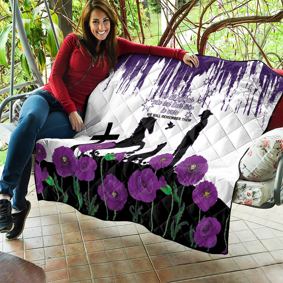 Australia Animal Heroes ANZAC Quilt Purple Poppy We Will Remember Them