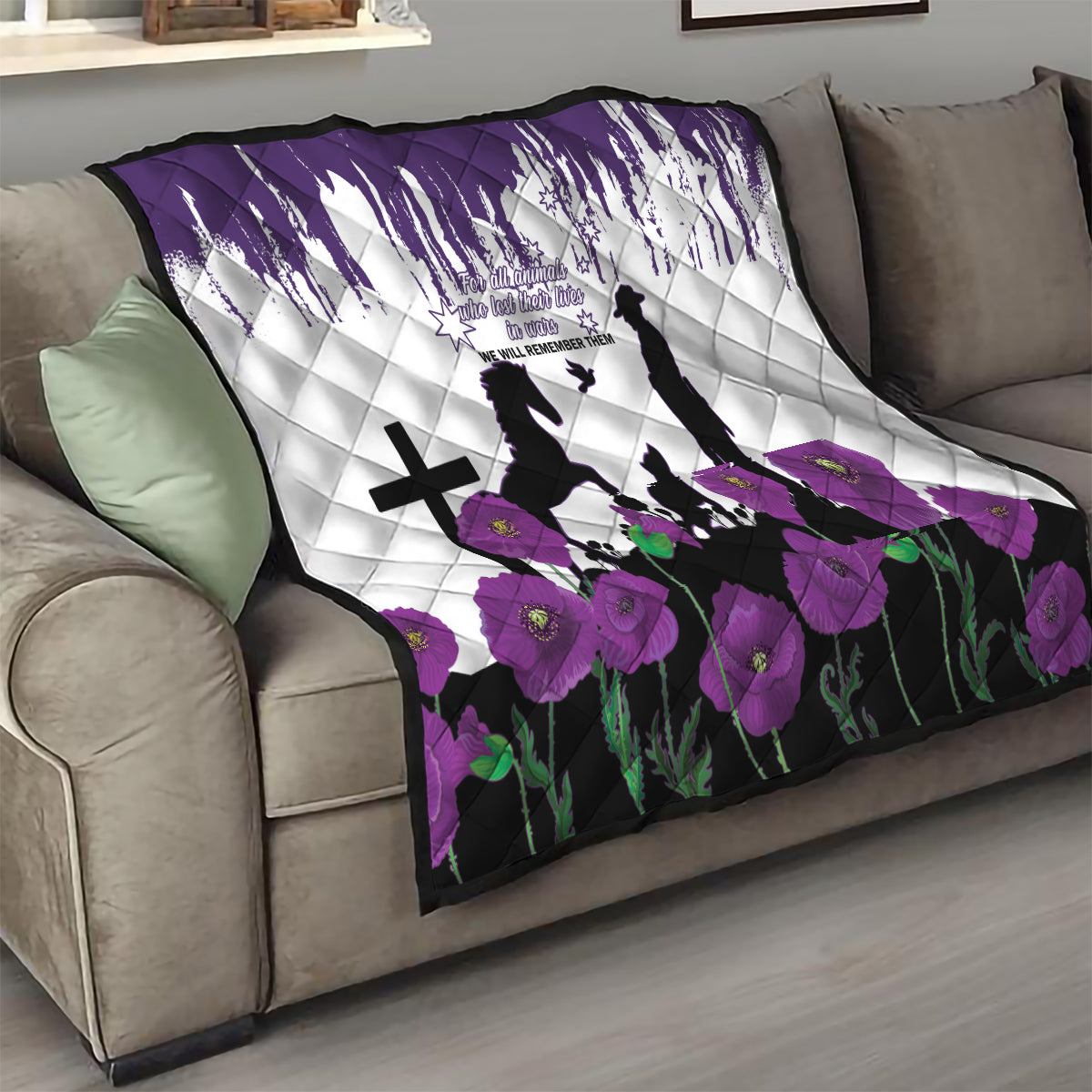 Australia Animal Heroes ANZAC Quilt Purple Poppy We Will Remember Them