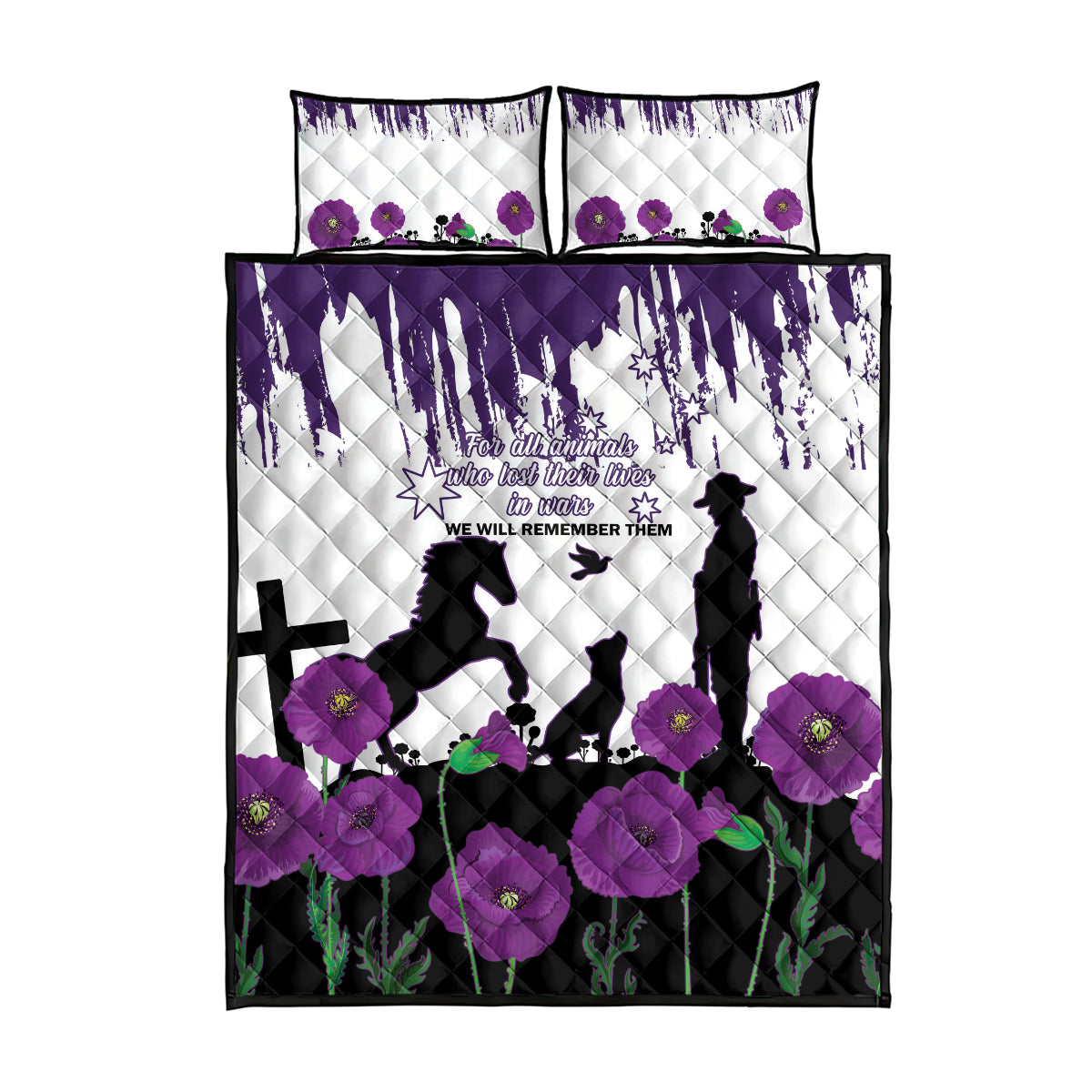 Australia Animal Heroes ANZAC Quilt Bed Set Purple Poppy We Will Remember Them