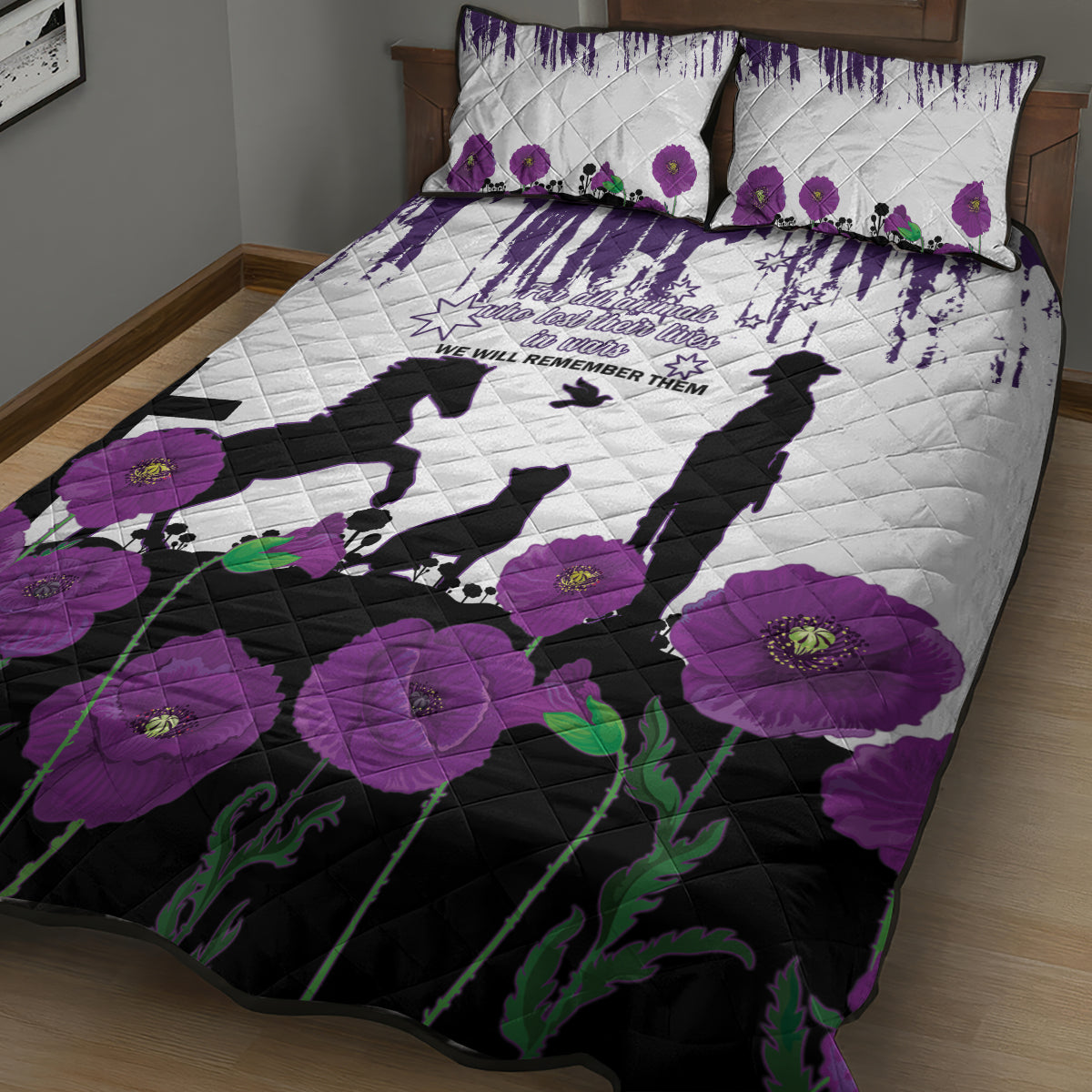 Australia Animal Heroes ANZAC Quilt Bed Set Purple Poppy We Will Remember Them