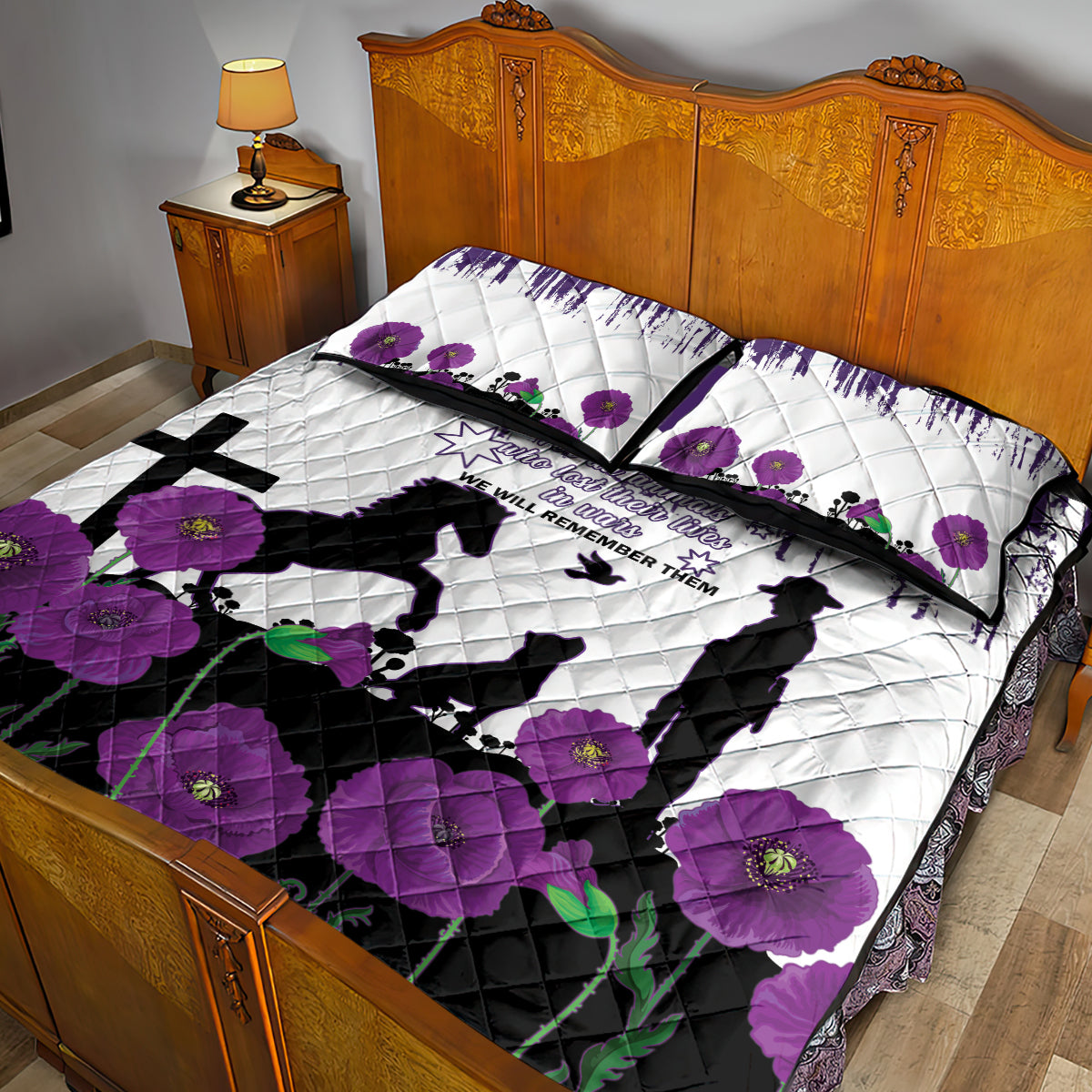 Australia Animal Heroes ANZAC Quilt Bed Set Purple Poppy We Will Remember Them