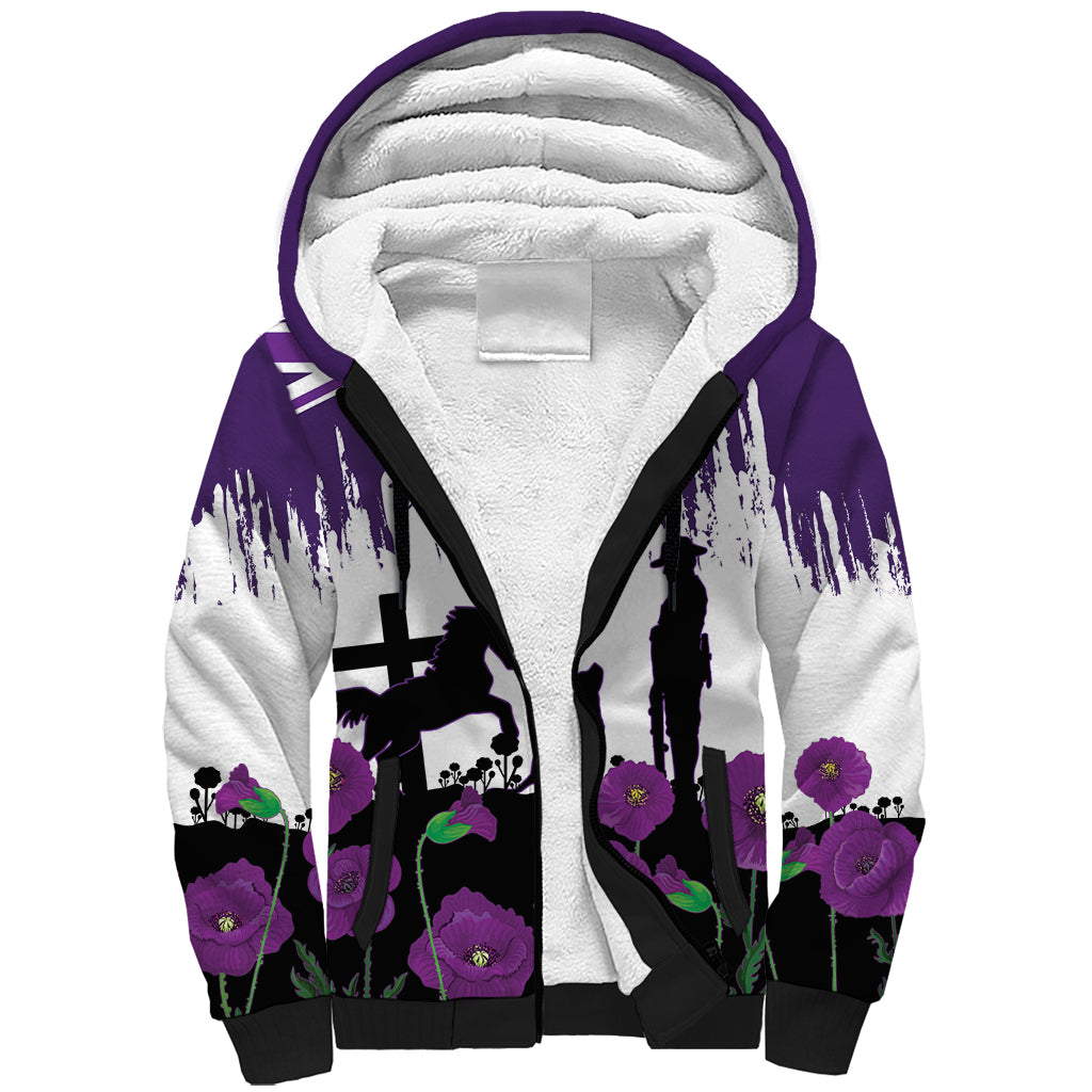 Australia Animal Heroes ANZAC Sherpa Hoodie Purple Poppy We Will Remember Them