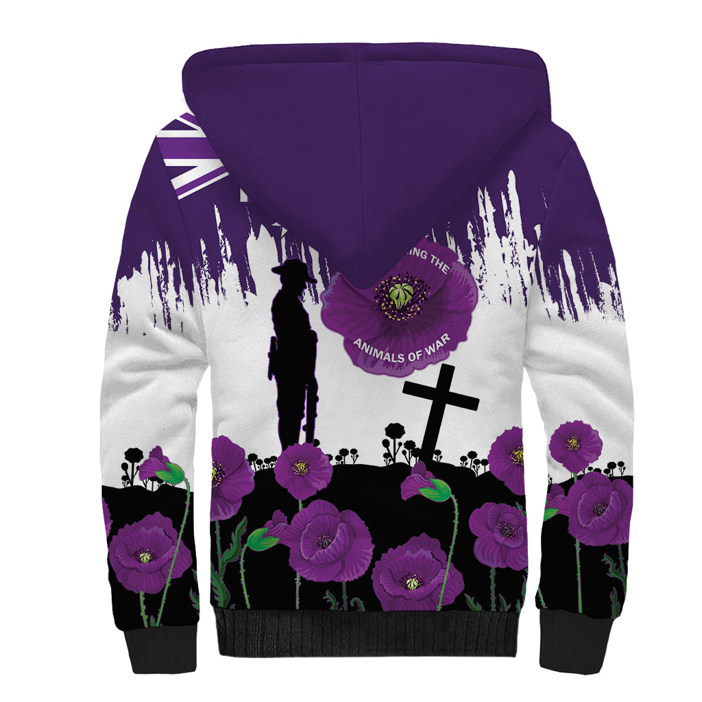Australia Animal Heroes ANZAC Sherpa Hoodie Purple Poppy We Will Remember Them
