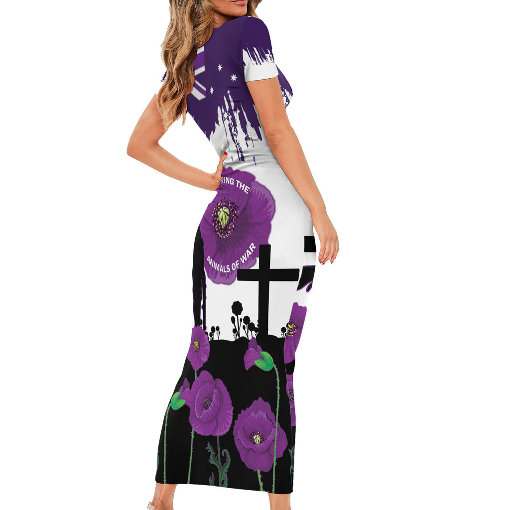 Australia Animal Heroes ANZAC Short Sleeve Bodycon Dress Purple Poppy We Will Remember Them