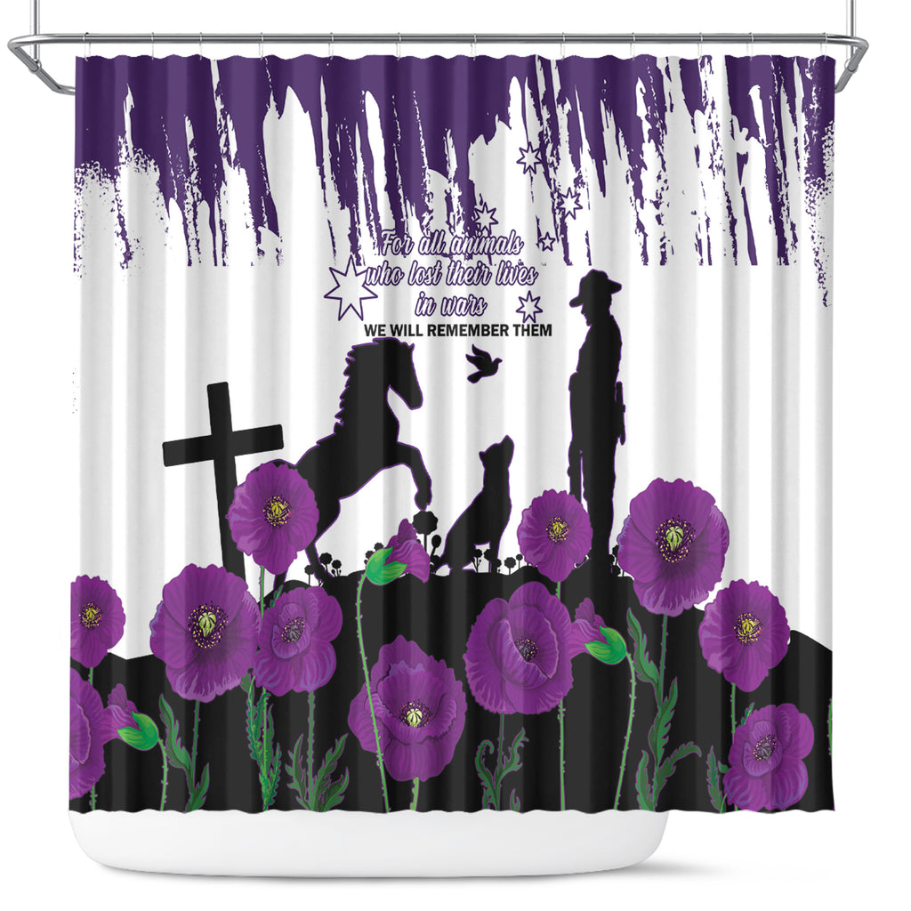 Australia Animal Heroes ANZAC Shower Curtain Purple Poppy We Will Remember Them