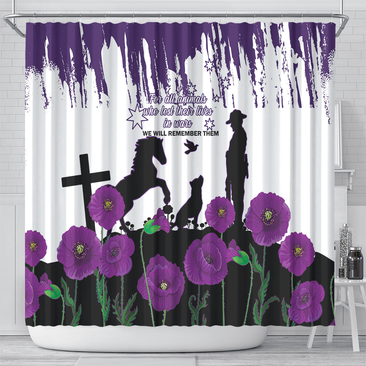 Australia Animal Heroes ANZAC Shower Curtain Purple Poppy We Will Remember Them