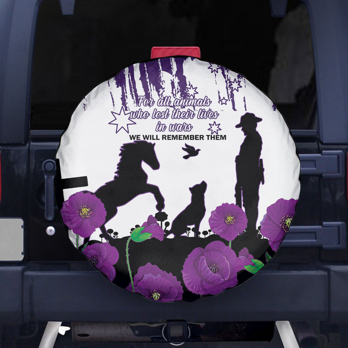 Australia Animal Heroes ANZAC Spare Tire Cover Purple Poppy We Will Remember Them