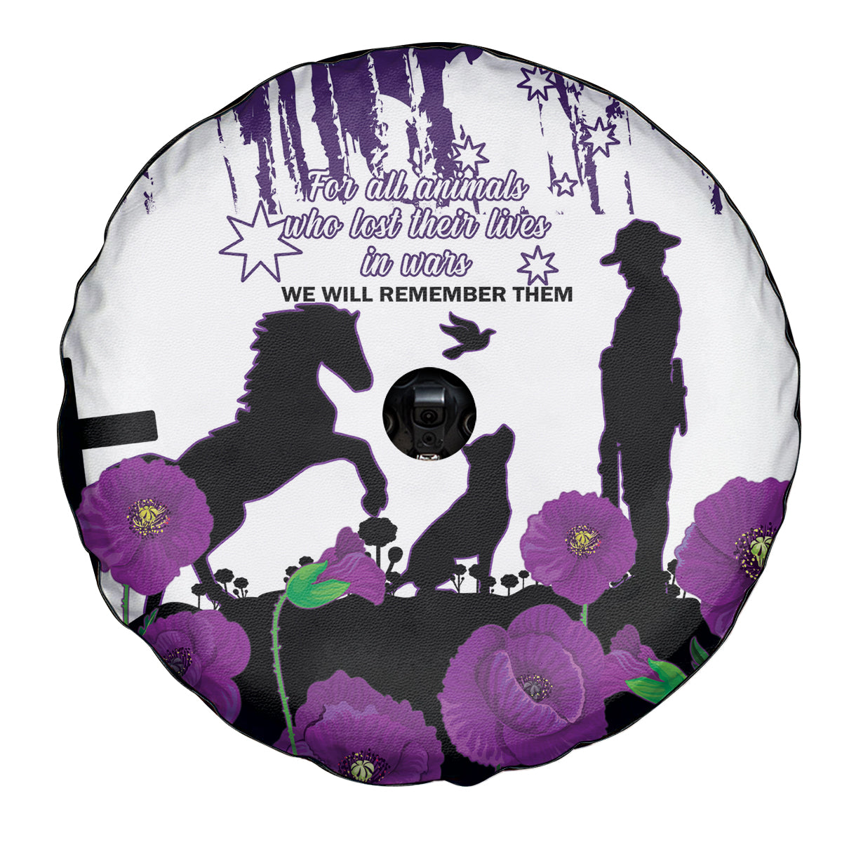 Australia Animal Heroes ANZAC Spare Tire Cover Purple Poppy We Will Remember Them