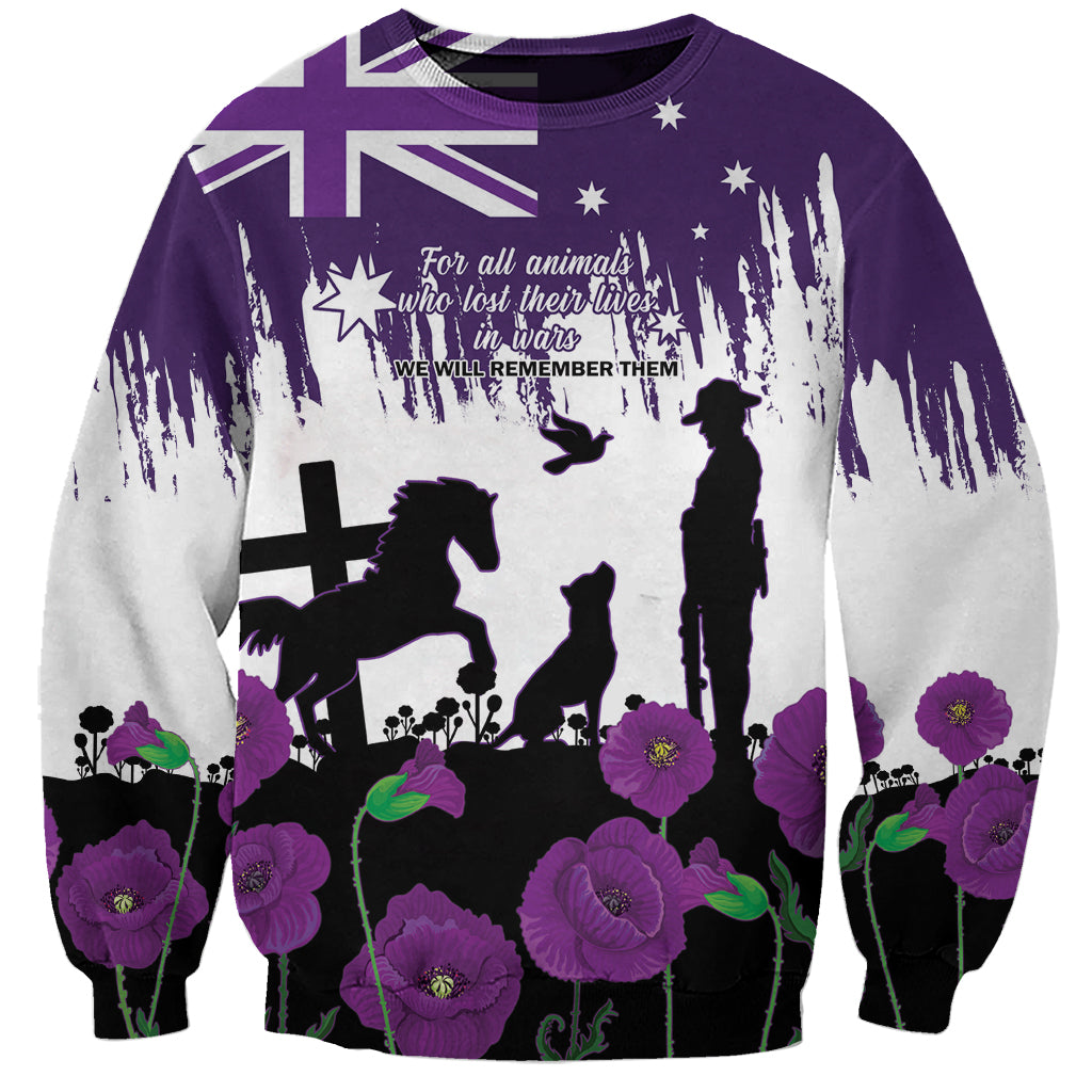 Australia Animal Heroes ANZAC Sweatshirt Purple Poppy We Will Remember Them