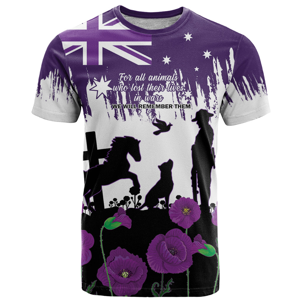 Australia Animal Heroes ANZAC T Shirt Purple Poppy We Will Remember Them