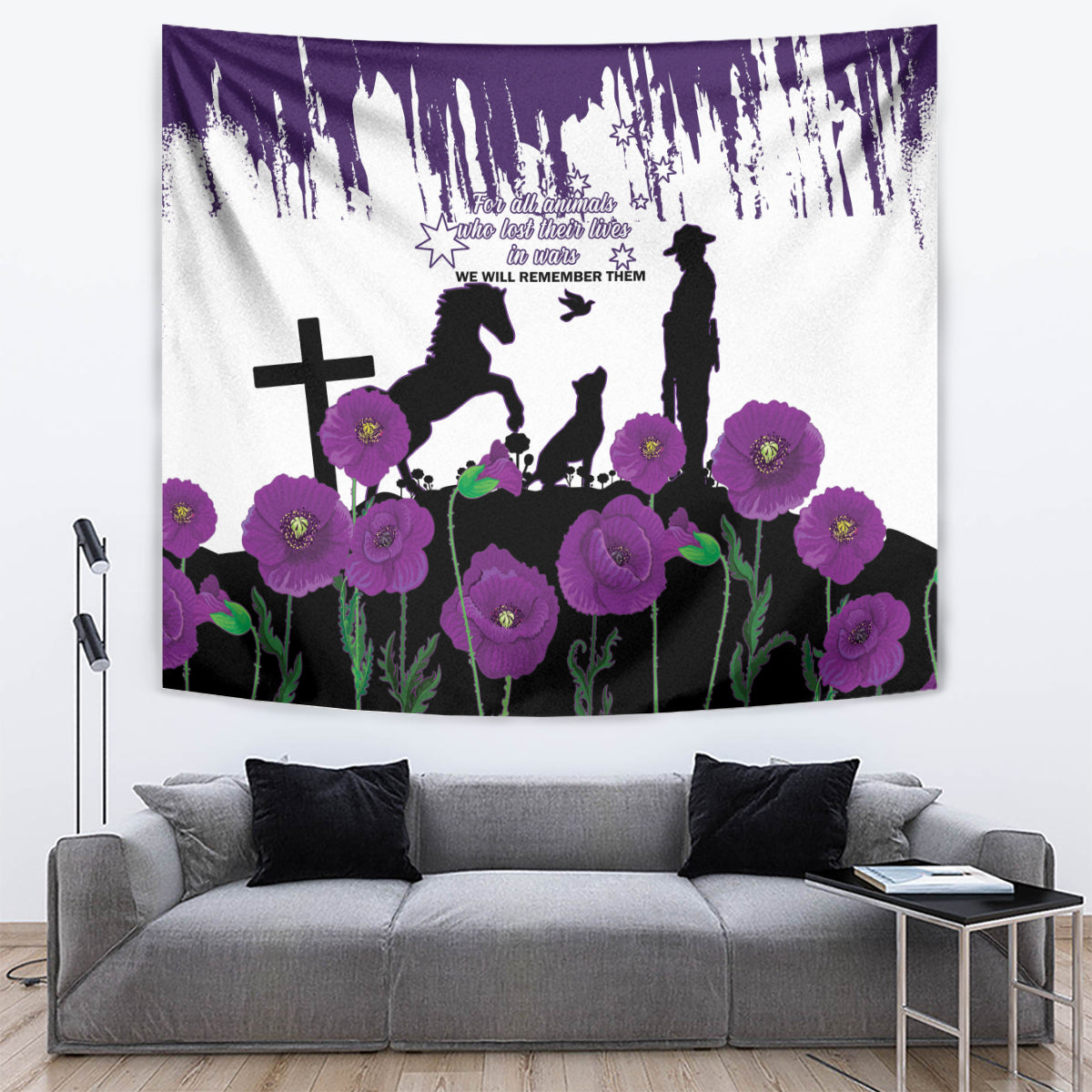 Australia Animal Heroes ANZAC Tapestry Purple Poppy We Will Remember Them