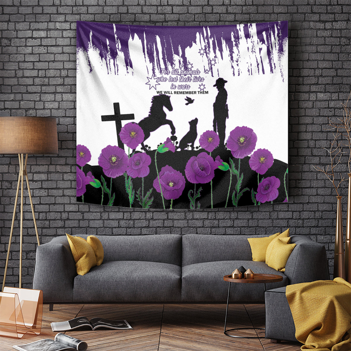 Australia Animal Heroes ANZAC Tapestry Purple Poppy We Will Remember Them