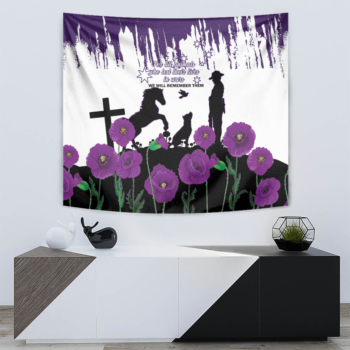 Australia Animal Heroes ANZAC Tapestry Purple Poppy We Will Remember Them
