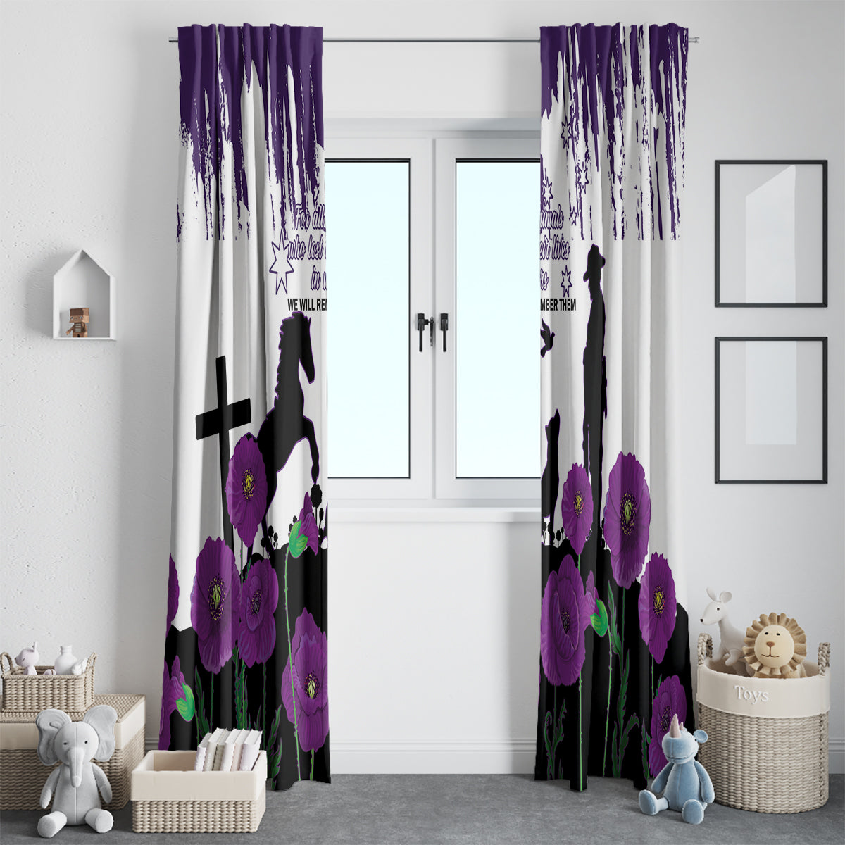 Australia Animal Heroes ANZAC Window Curtain Purple Poppy We Will Remember Them