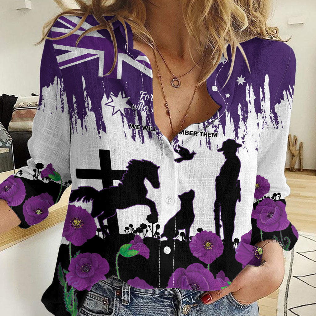 Australia Animal Heroes ANZAC Women Casual Shirt Purple Poppy We Will Remember Them
