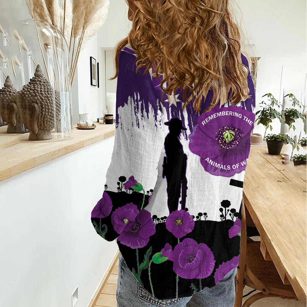 Australia Animal Heroes ANZAC Women Casual Shirt Purple Poppy We Will Remember Them