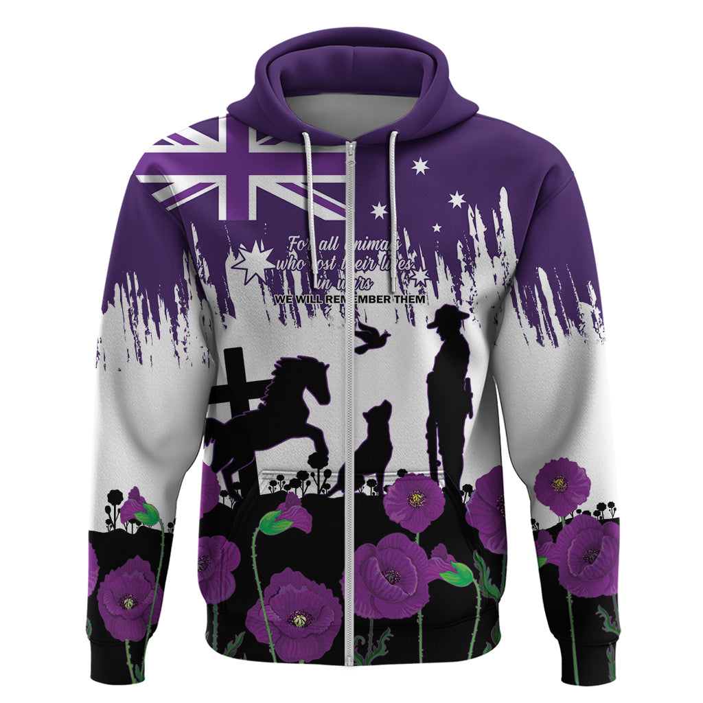 Australia Animal Heroes ANZAC Zip Hoodie Purple Poppy We Will Remember Them