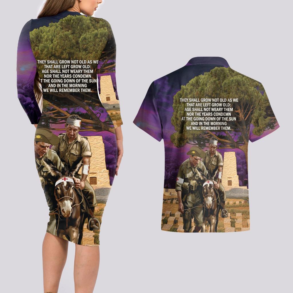 Australia ANZAC Day Couples Matching Long Sleeve Bodycon Dress and Hawaiian Shirt Lonesome Pine Australian Army With Donkey