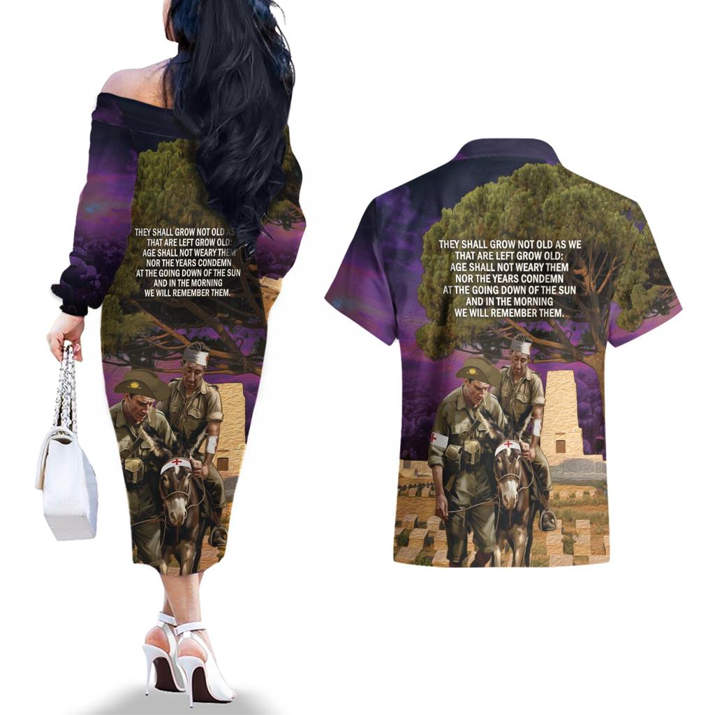 Australia ANZAC Day Couples Matching Off The Shoulder Long Sleeve Dress and Hawaiian Shirt Lonesome Pine Australian Army With Donkey