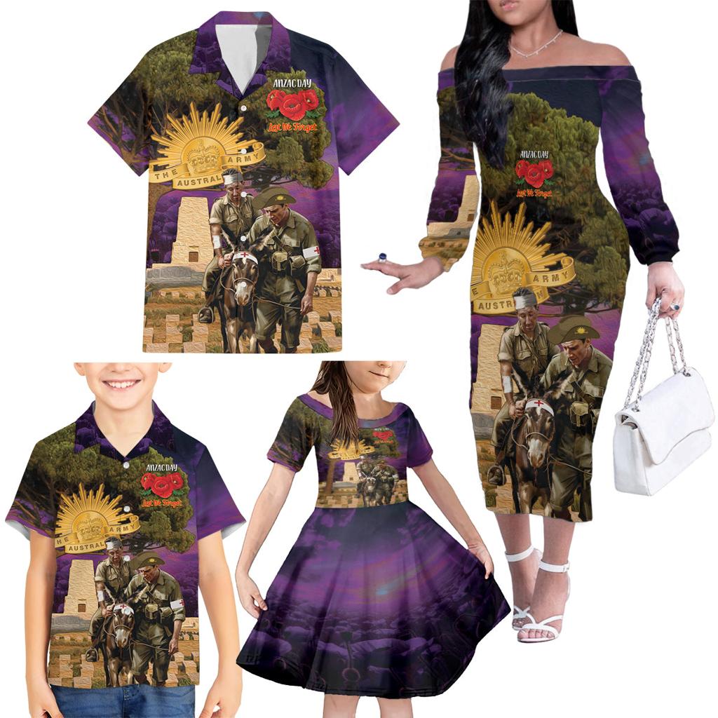 Australia ANZAC Day Family Matching Off The Shoulder Long Sleeve Dress and Hawaiian Shirt Lonesome Pine Australian Army With Donkey