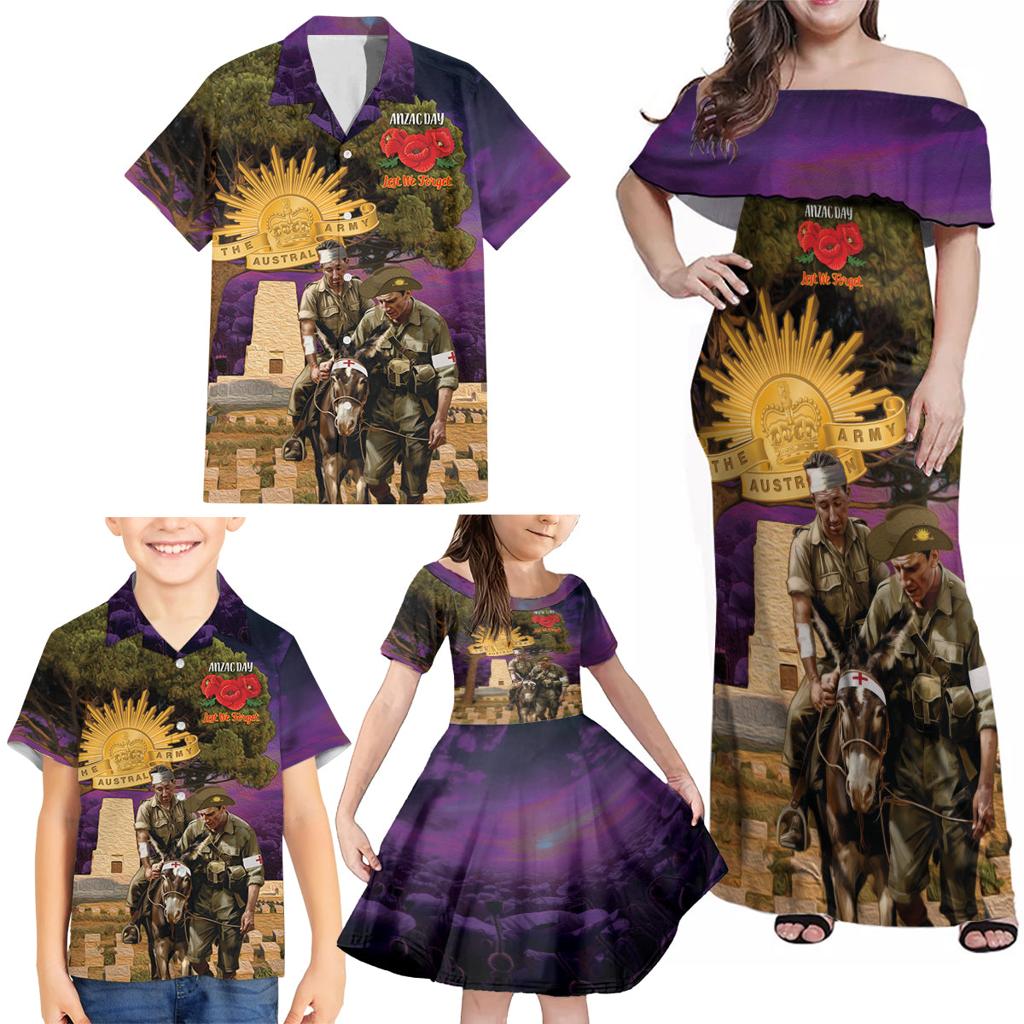 Australia ANZAC Day Family Matching Off Shoulder Maxi Dress and Hawaiian Shirt Lonesome Pine Australian Army With Donkey