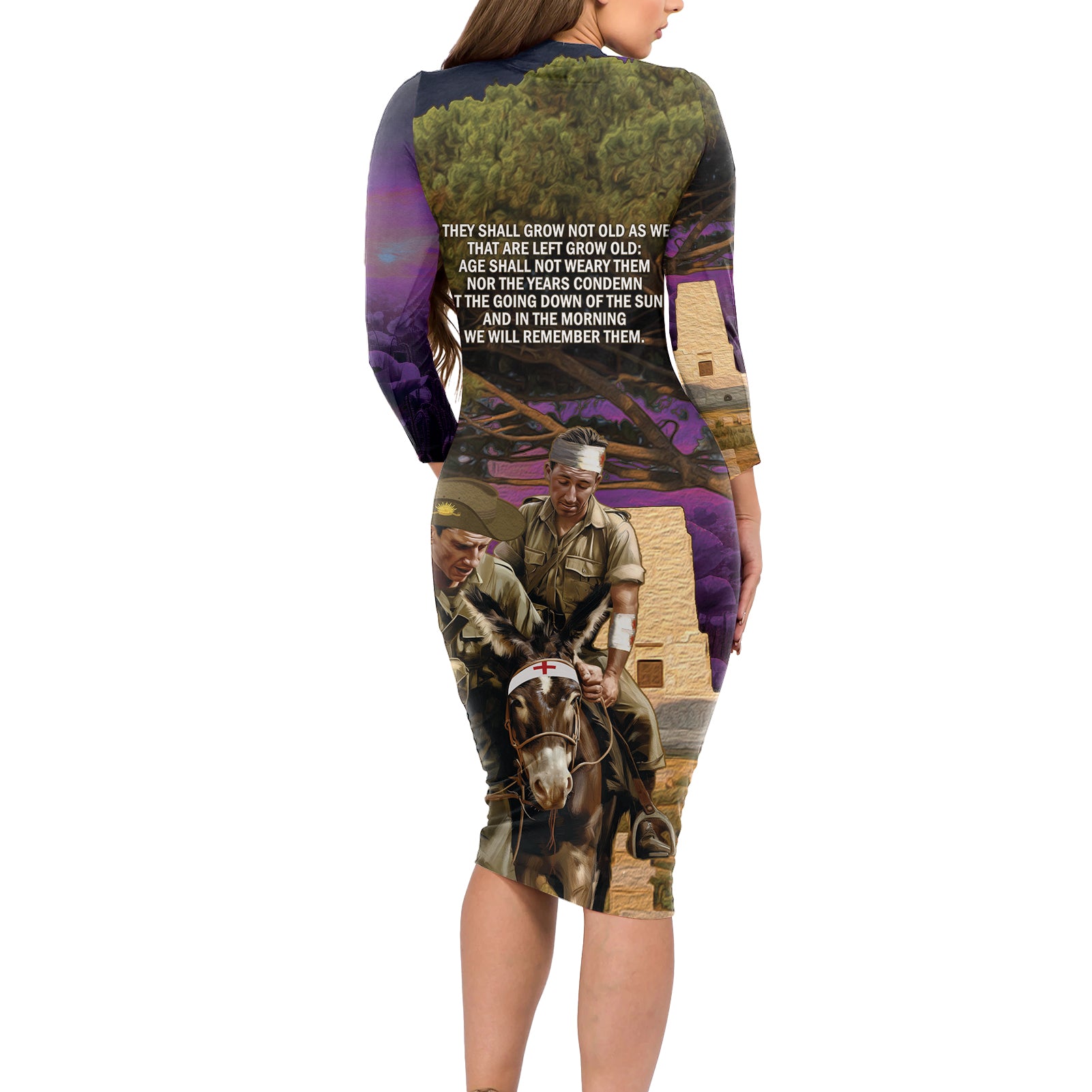 Australia ANZAC Day Long Sleeve Bodycon Dress Lonesome Pine Australian Army With Donkey