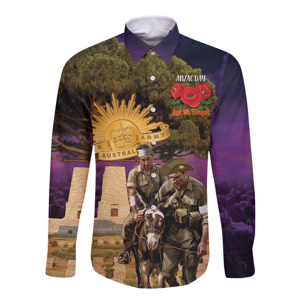 Australia ANZAC Day Long Sleeve Button Shirt Lonesome Pine Australian Army With Donkey