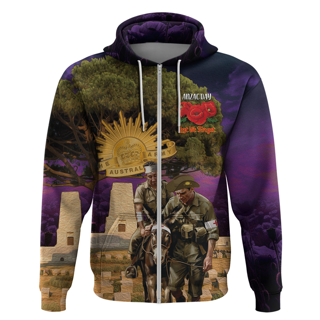 Australia ANZAC Day Zip Hoodie Lonesome Pine Australian Army With Donkey