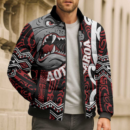 Personalised Aotearoa Bulldog Bomber Puffer Jacket New Zealand Maori Taniko Art - Aussie Hoodie
