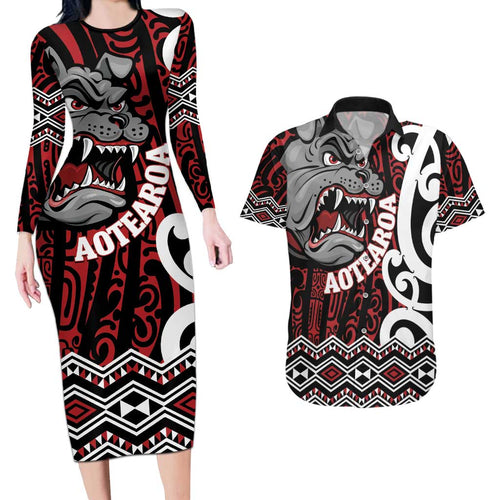 Personalised Aotearoa Bulldog Couples Matching Long Sleeve Bodycon Dress and Hawaiian Shirt New Zealand Maori Taniko Art