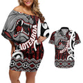 Personalised Aotearoa Bulldog Couples Matching Off Shoulder Short Dress and Hawaiian Shirt New Zealand Maori Taniko Art